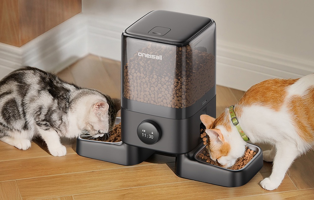 2 cats use the Oneisall double feeder.
