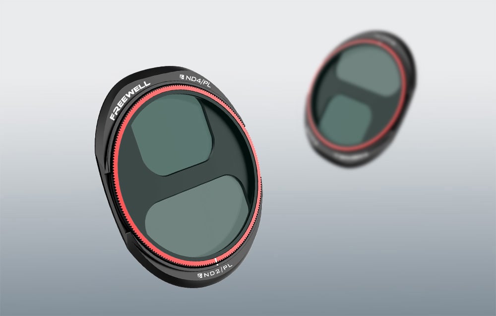 dwa okrągłe filtry hybrydowe do drona na szarym tle