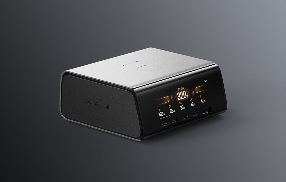EcoFlow docking station on a gray background