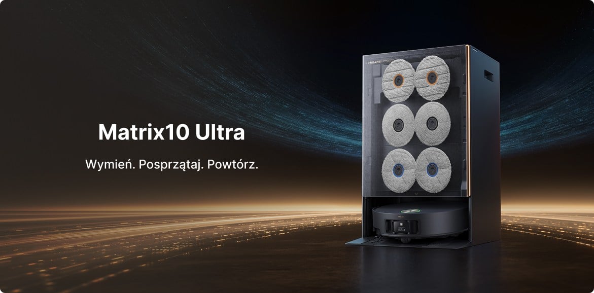 Robot sprzątający Dreame Matrix10 Ultra w kolorze czarnym schowany w stacji dokującej obok napisy Wymień. Posprzątaj. Powtórz