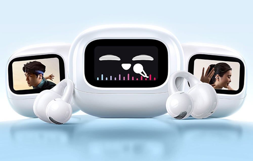 Three pairs of wireless earphone cases with displays showing people wearing the earphones