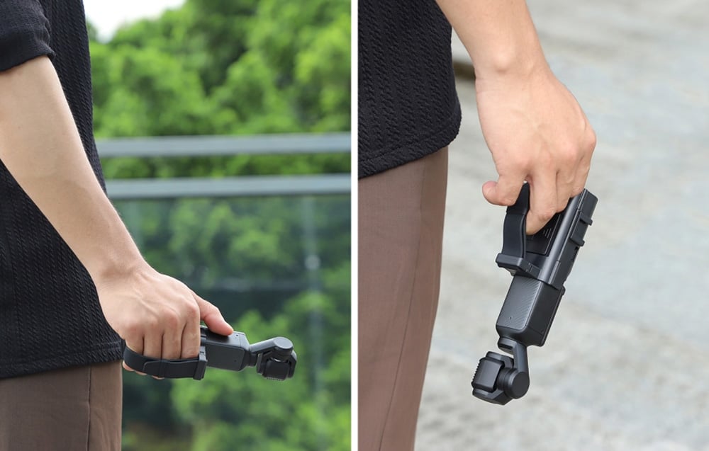 Two people holding cameras with handles in hand, side and rear view