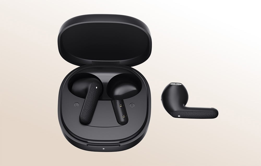 Black case with earphone, another earphone lies next to it.
