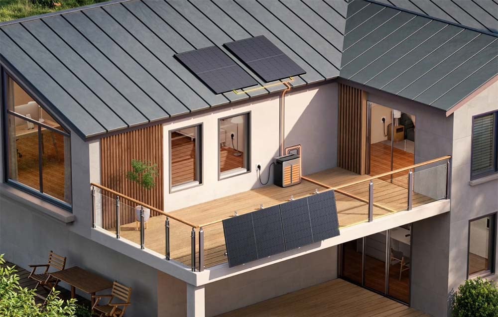 Modern terrace with solar panels, balustrade and energy storage against the wall