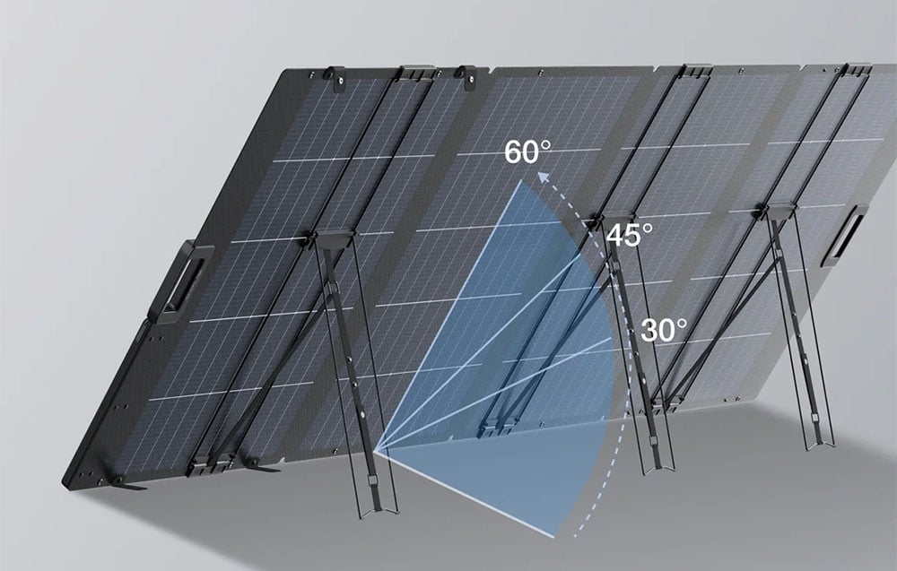 Solar panels on adjustable stands with markings for tilt angles of 30°, 45° and 60°