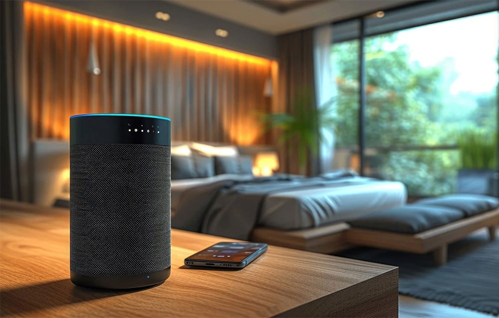 A smart speaker on a table in a modern bedroom, a smartphone lying next to it, a bed in the background and a glass door overlooking the garden