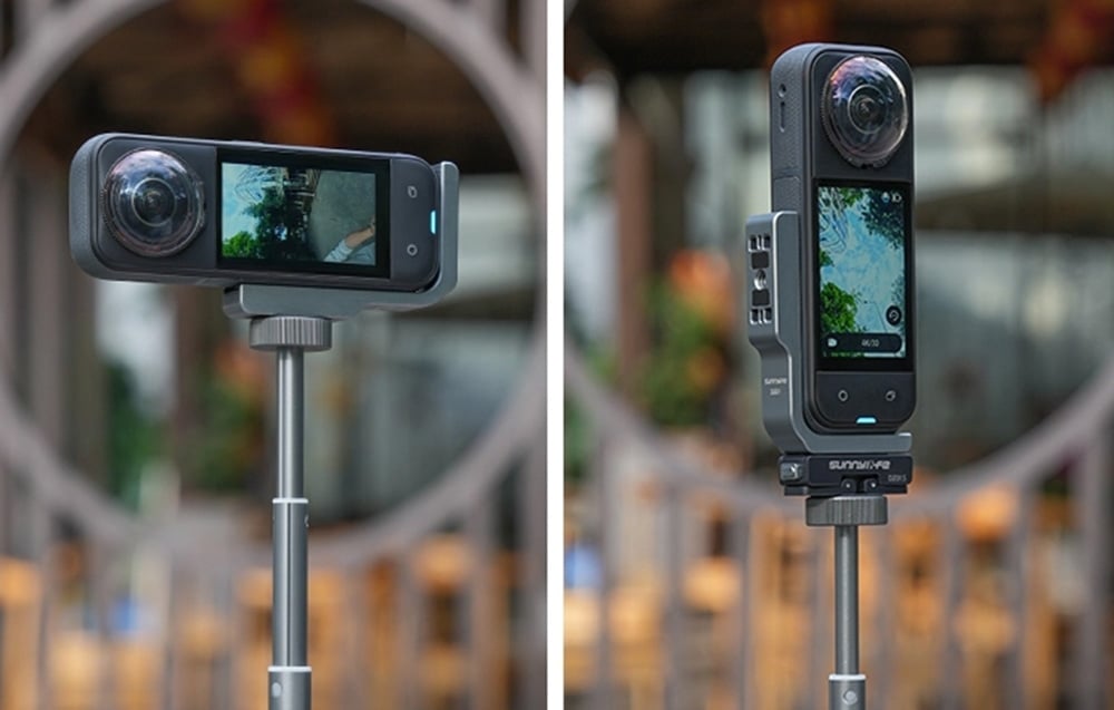 Action camera on a telescopic boom shown in landscape and portrait orientations with the display on