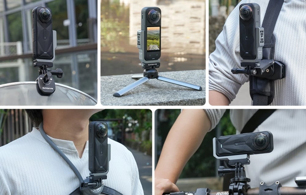 Five examples of how to mount your Sunnylife action camera to various surfaces and accessories, including a helmet, tripod, harness, and handlebar.