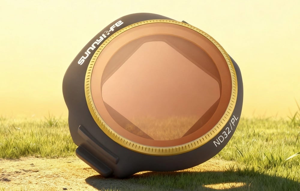 Sunnylife ND32/PL filter with orange glass and gold frame lying on the grass in the sunlight