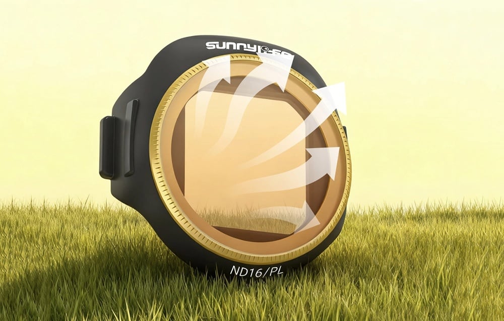 Sunnylife ND16/PL filter with yellow glass and graphic arrows showing installation on grass