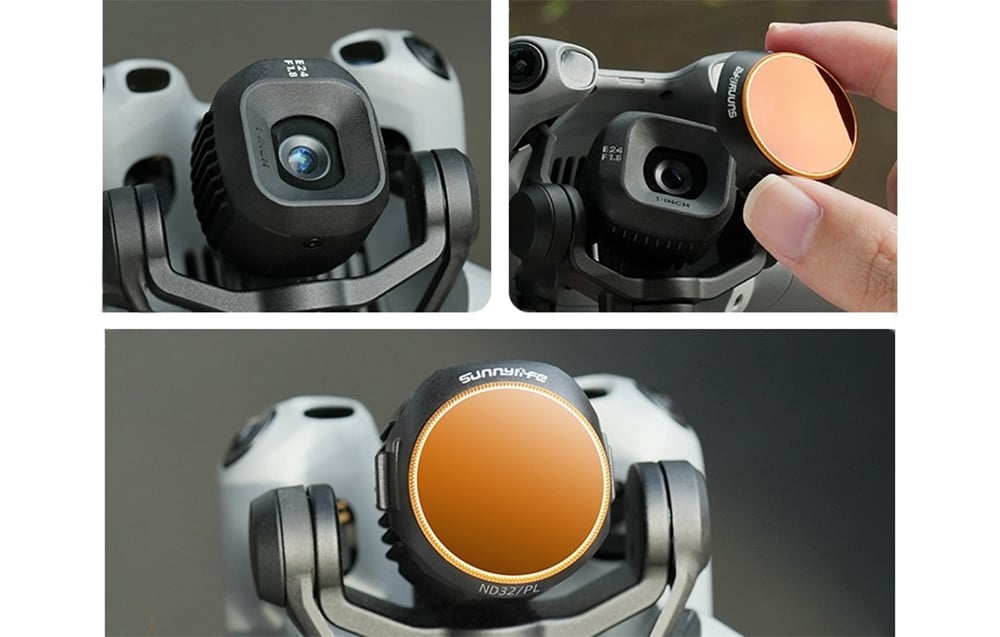 Three photos showing the installation of the Sunnylife ND32/PL filter on a DJI drone camera