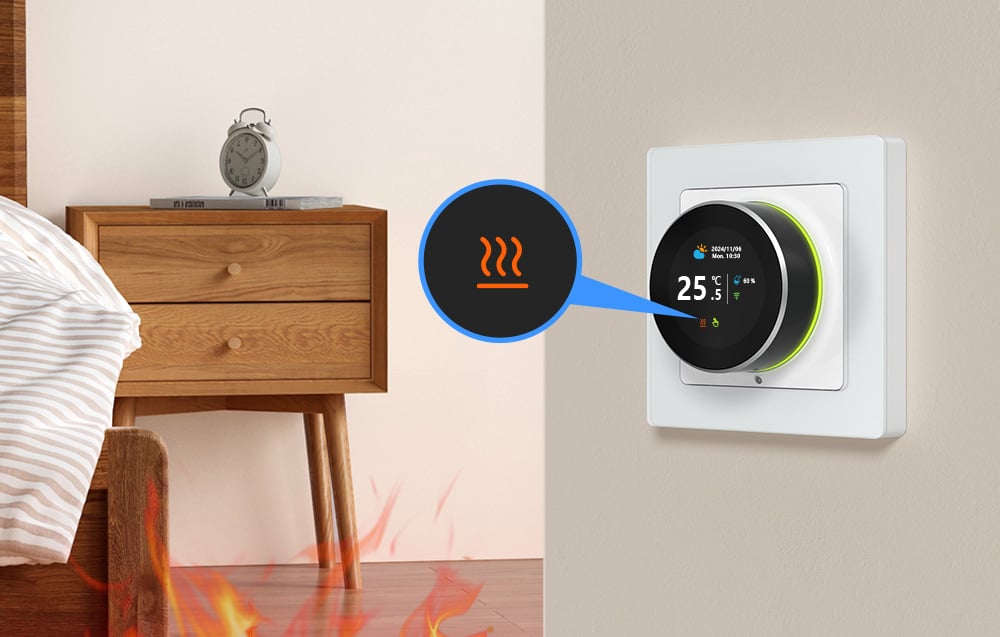 A smart thermostat on the wall, with a bed and dresser visible next to it