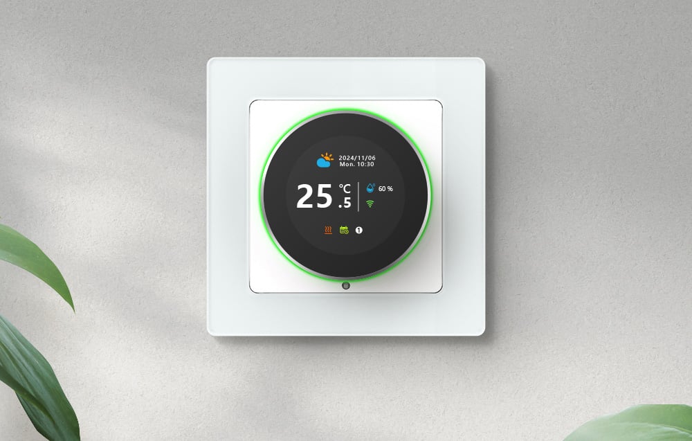 Thermostat with display on gray wall