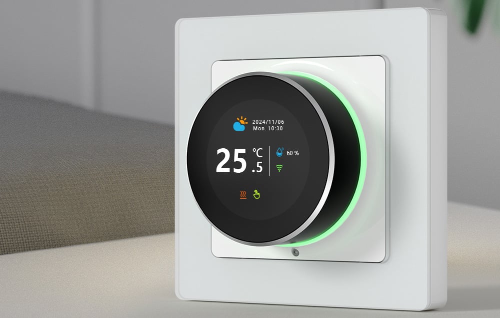 Smart thermostat with display on a bright background