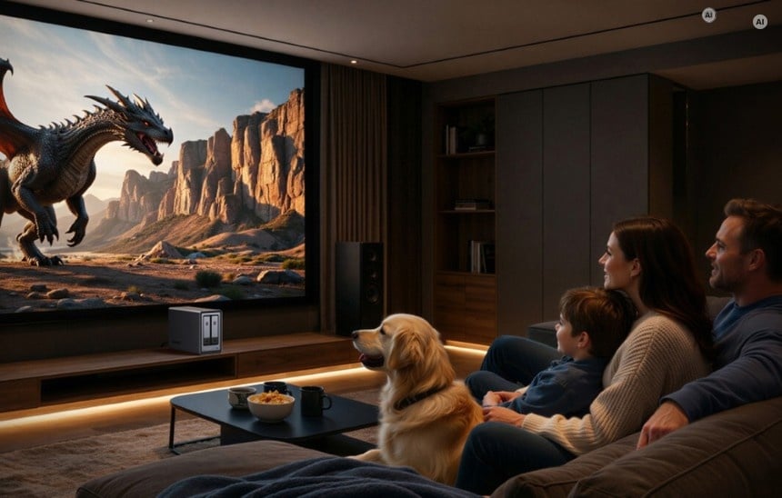 Rodzina z psem oglądająca film na dużym ekranie zasilanym multimediami z serwera NAS Ugreen DXP2800.