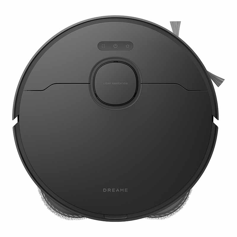 Czarny robot sprzątający widziany z góry na białym tle