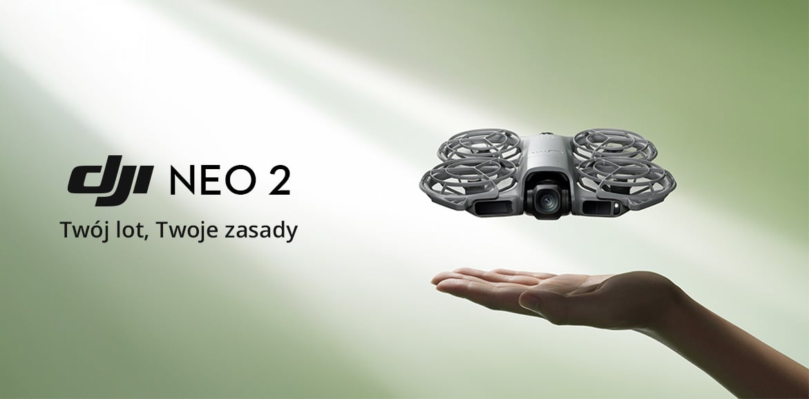 Baner z dronem lądującym na dłoni i napisem DJI Neo 2 Twój lot, Twoje zasady