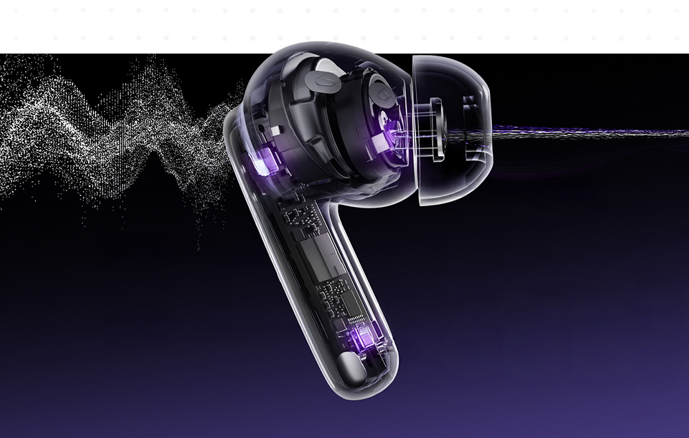 Tehnilise ristlõike visualisatsioon traadita kõrvaklapist, nähtavate sisekomponentide ja heliefektidega