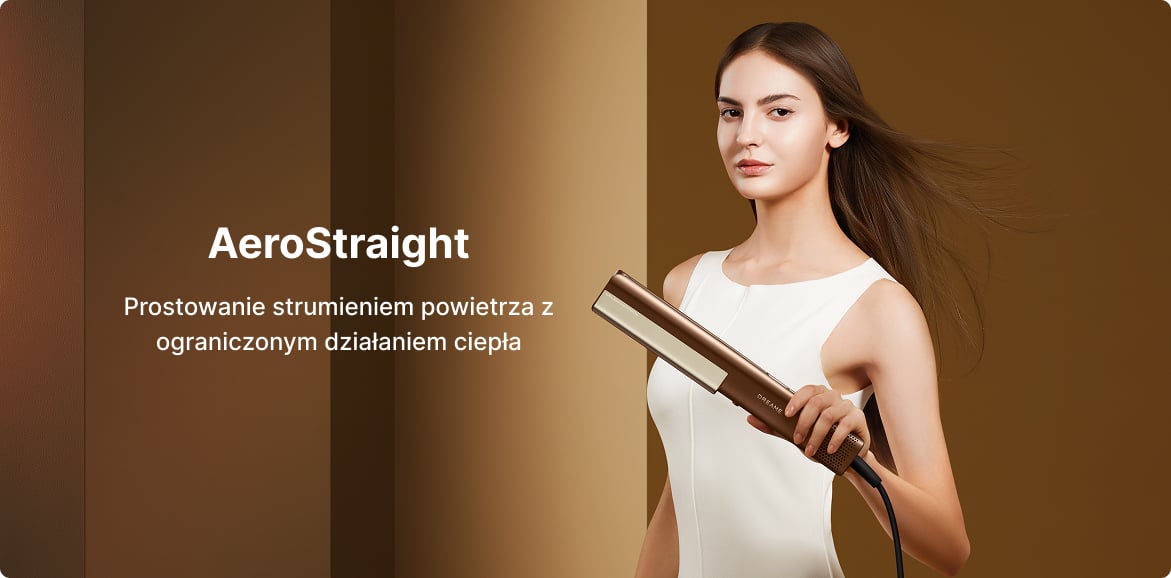 Kobieta trzymająca prostownicę do włosów Dreame Aero Straight na brązowym tle