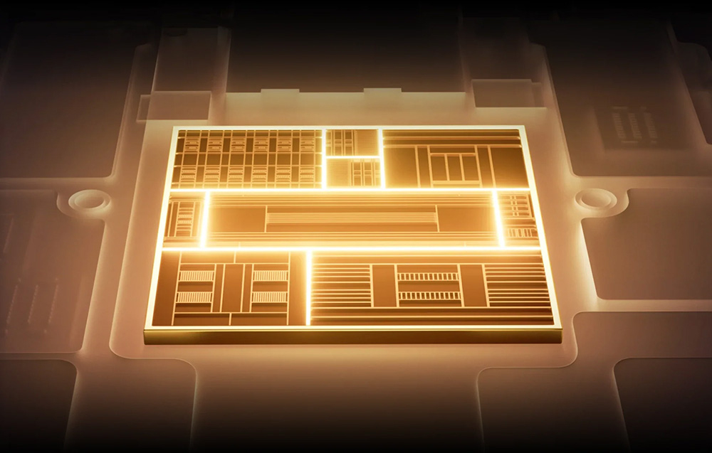 3D visualization of a glowing processor with gold-colored integrated circuit architecture