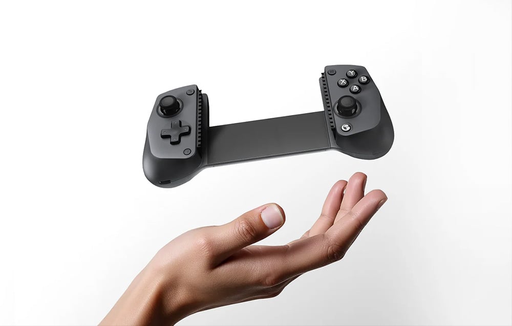 Extended controller grip without device, floating above open hand on white background