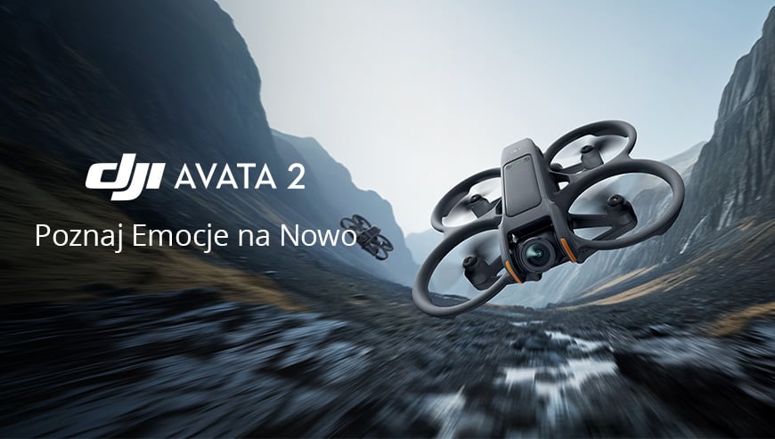 Two DJI Avata 2 drones fly through a mountain gorge with the words 