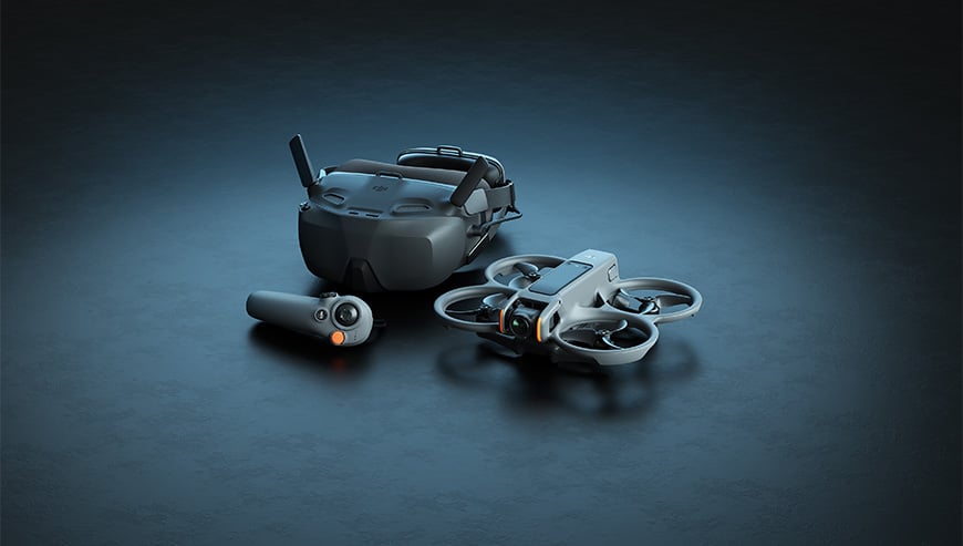 DJI Avata 2 drone, goggles, and controller set on a dark background