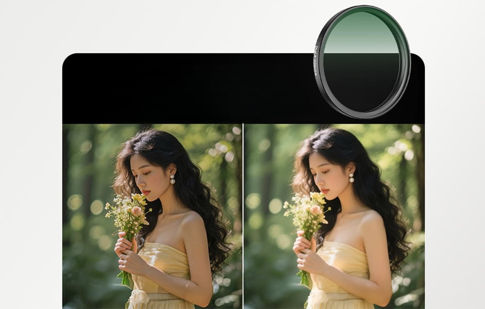 Comparison of a portrait of a woman outdoors before and after using the filter