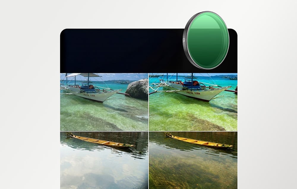 Comparison of photos of a boat on the water and a landscape with reflections, with a polarizing filter to improve clarity