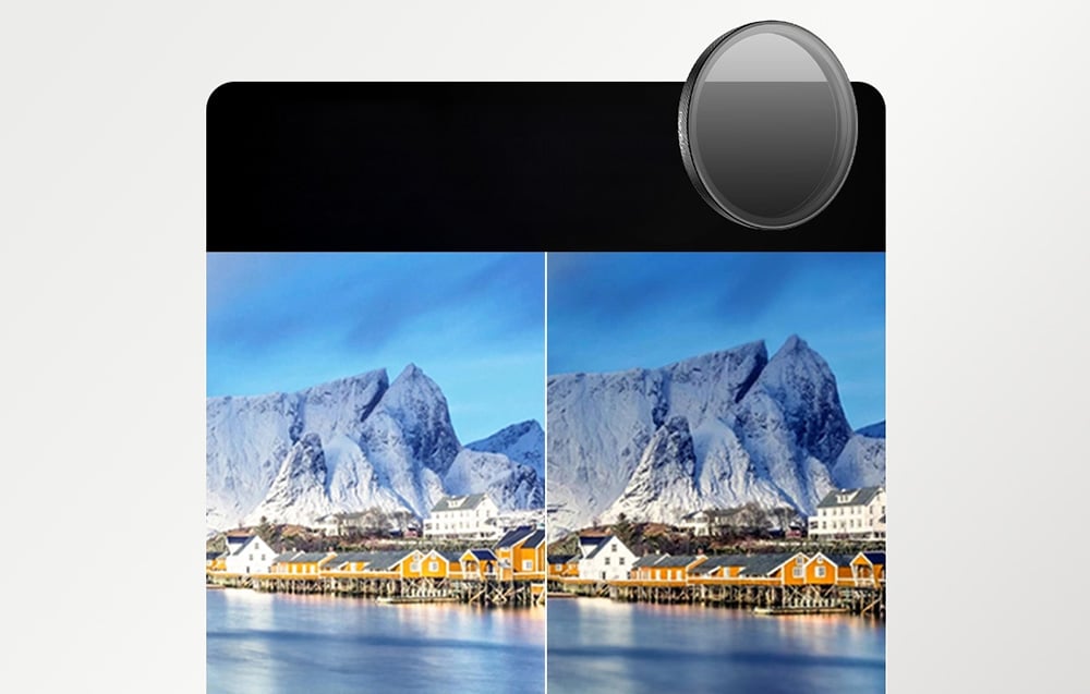 Comparison of a photo of a mountain landscape with water before and after using a gray filter