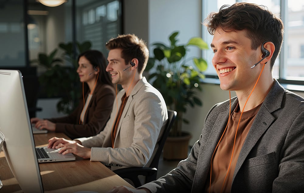 Troje pracowników biurowych przy komputerach, wszyscy noszą słuchawki z mikrofonem