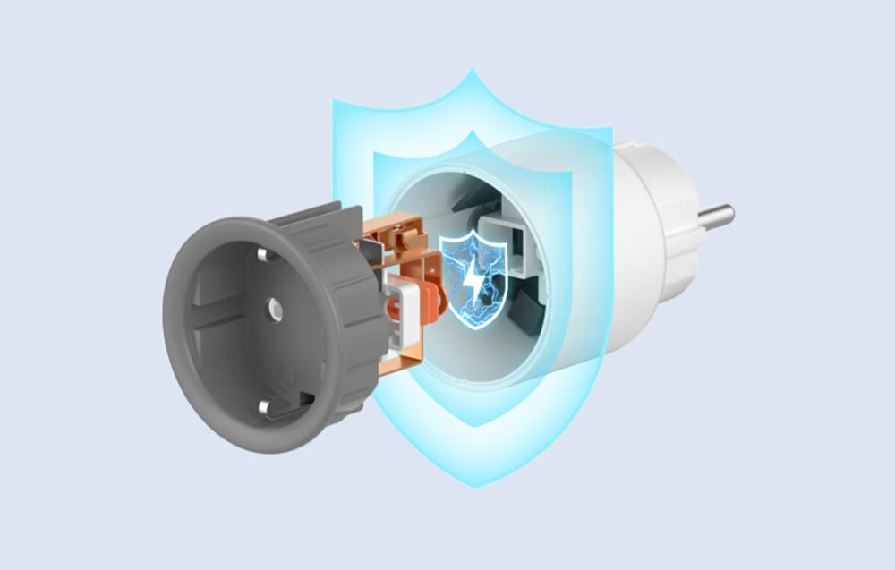 Przekrój gniazdka Sonoff pokazujący wewnętrzne komponenty z ikoną tarczy ochronnej