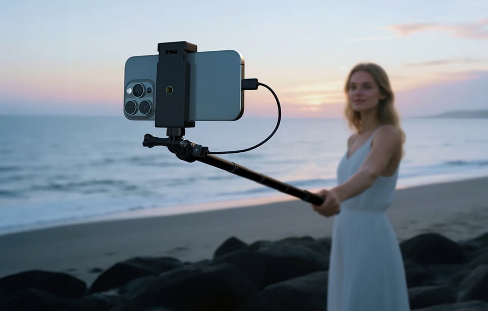 A woman stands on the beach and holds a selfie stick with a smartphone in her hand