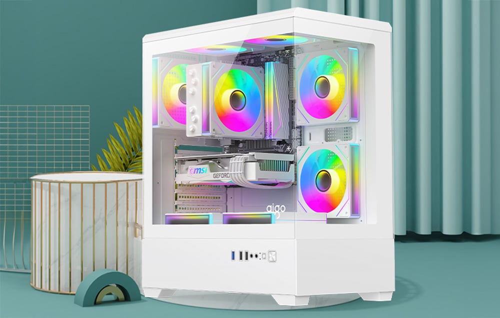White PC case with RGB fans in a turquoise setting