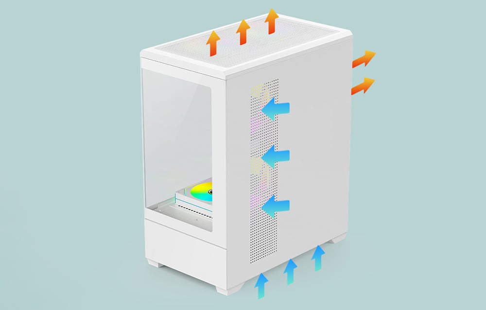 White PC case with arrows showing airflow on a light background