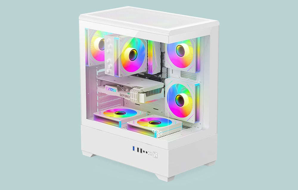White PC case with colorful fans on a light background