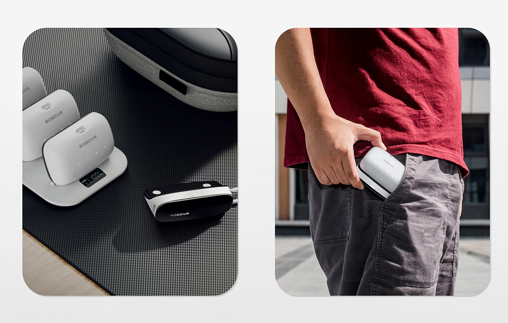 Batteries inserted into the charging base, next to it a person putting the BoboVR PD100 power module into his pants pocket