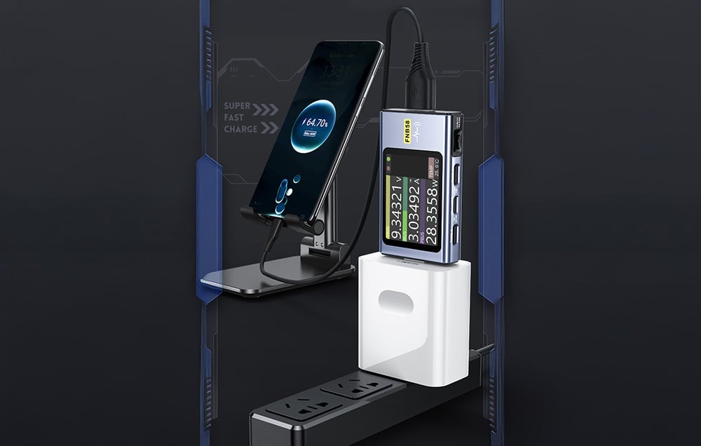 port tester connected to an adapter and a smartphone