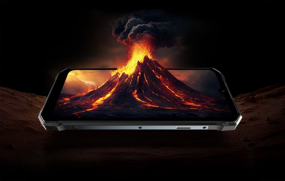 Zbliżenie na ekran telefonu, na którym wyświetla się wulkan
