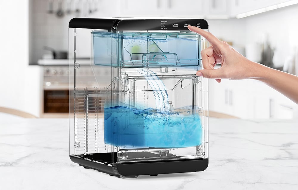 Hand pressing the Clean button on the ice cube maker