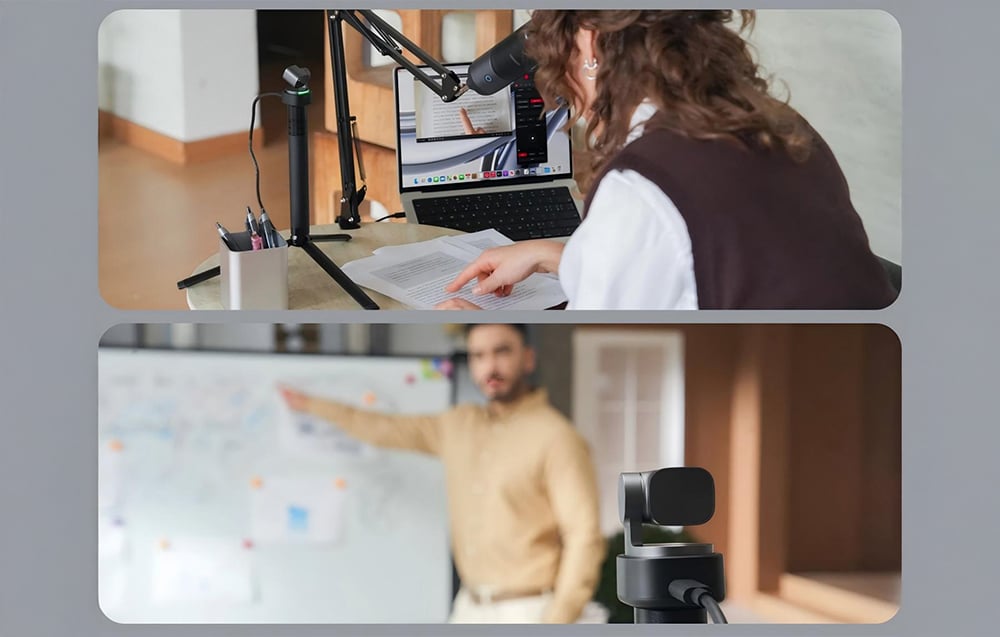 Kobieta prowadzi nagranie przy biurku z mikrofonem na statywie, a w tle widać laptopa, oraz mężczyzna prezentujący przy tablicy z kamerą OBSBOT w pierwszym planie