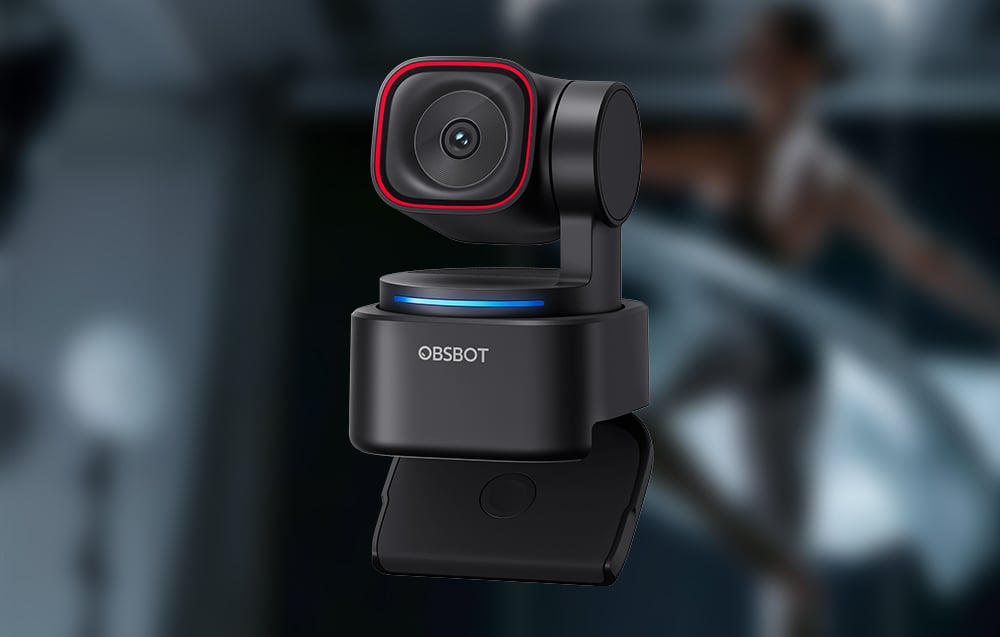 Kamera internetowa OBSBOT z niebieskim podświetleniem na podstawie i klipsem montażowym do monitora