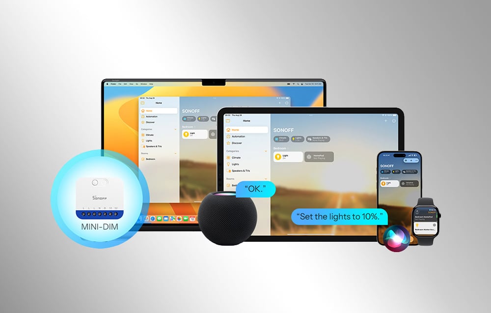 Ściemniacz sterowany z aplikacji i asystenta głosowego na telefonie, tablecie i laptopie