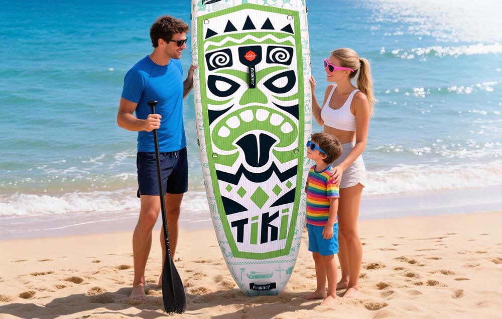 A smiling family with a child stands on the beach holding a paddle board and a paddle, with the water behind them