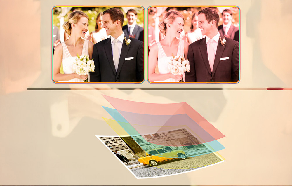 Two wedding photos, one of them covered with a light pink filter, at the bottom there is a photo with a yellow car