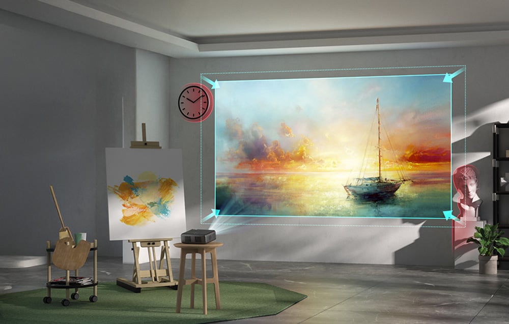 Projector displaying an image of a boat on the wall in an art room.