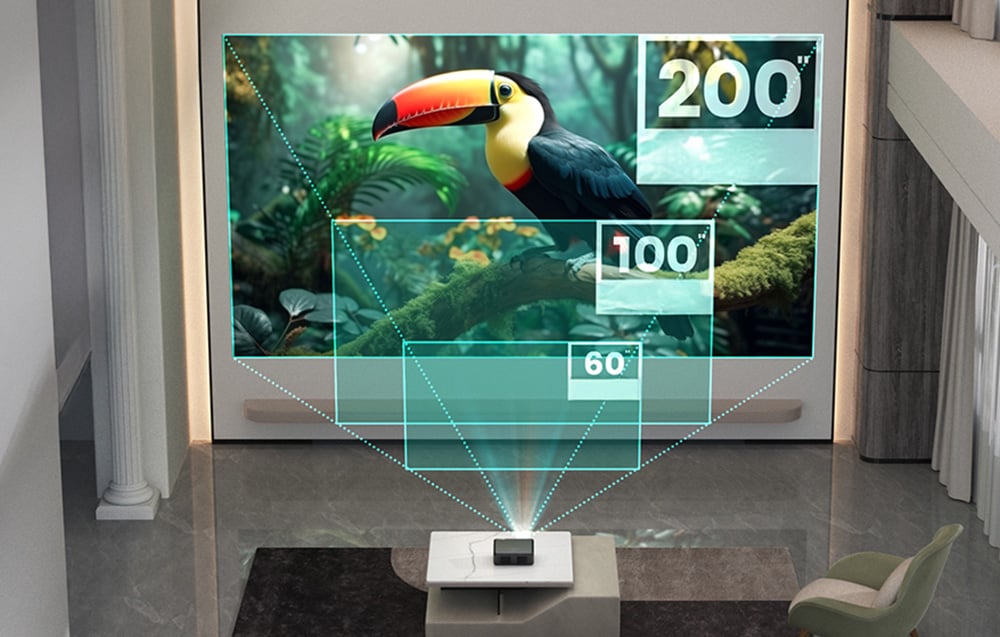 Projector showing different image sizes using a toucan as an example.