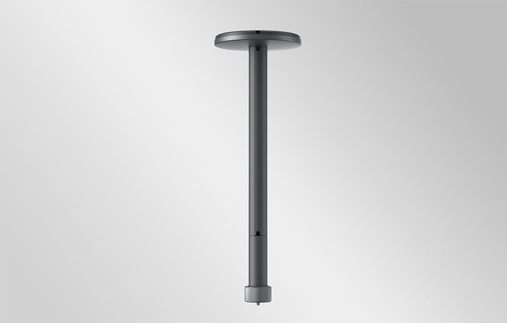 Gray ceiling mount for a projector with a round mounting ring and threaded end.