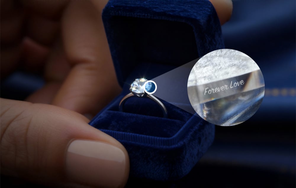 Diamond engagement ring in a blue box, with an enlargement of the