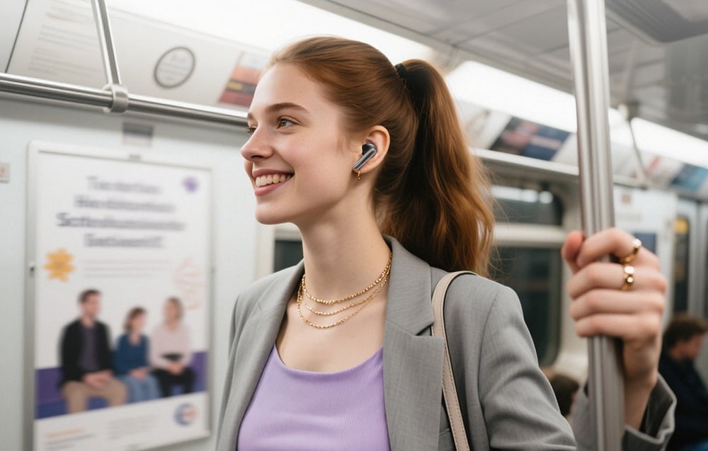 Uśmiechnięta młoda kobieta w szarej marynarce ze słuchawką douszną w uchu trzyma poręcz w metrze